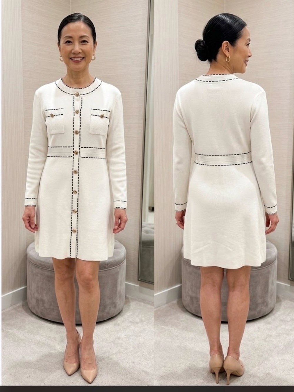 Elegant Cream Long-Sleeve Knit Dress with Contrast Stitching